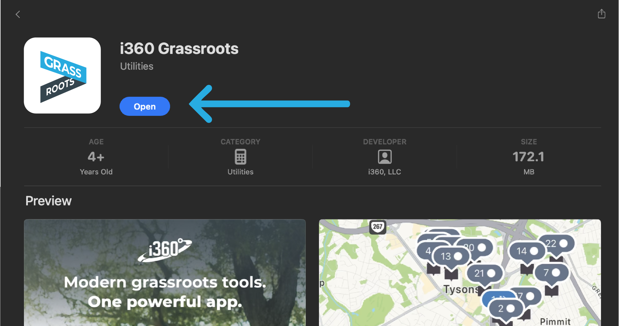 The i360 Grassroots app in the App Store with the Open button