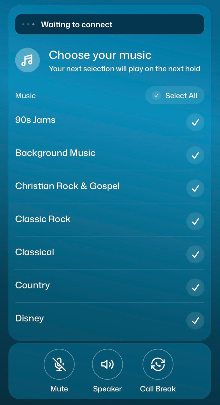 The Waiting to connect screen with hold music choices